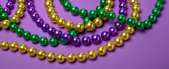 Fototapeta premium Colorful Mardi Gras beads in green, gold, and purple hanging against a vivid background, perfect for festive celebrations.