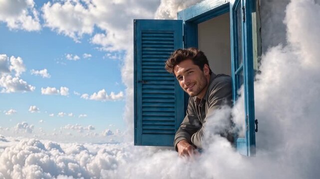 A man leans out of a blue window frame, emerging from a sea of clouds with a bright sky above, conveying a sense of wonder and possibility