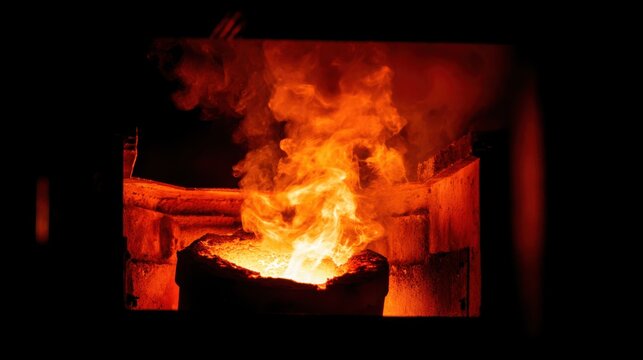Molten steel flowing from a crucible into a mold, showcasing intense heat and industrial process