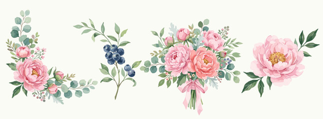 Pink peony bouquets and floral arrangements with eucalyptus leaves, elegant watercolor illustration for weddings and stationery © Rahmat