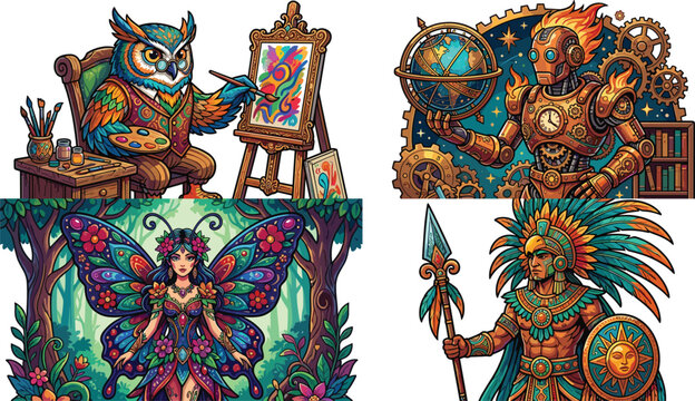 Whimsical detailed character graphics collection with an aztec warrior and steampunk clockwork 