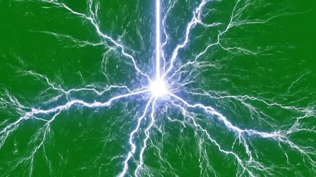 Bright energy burst radiating outwards with electric blue lightning on a vibrant green background.