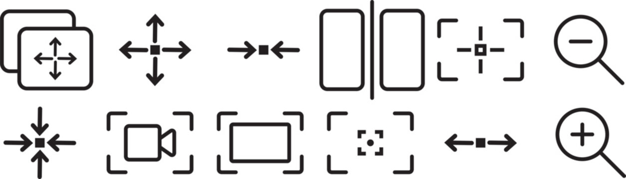 Screen line icon set. Resize, zoom, fullscreen, capture, select area, scalable minimal vector illustrations.Maximize and minimize arrow line icon set with fullscreen resize and screen controls