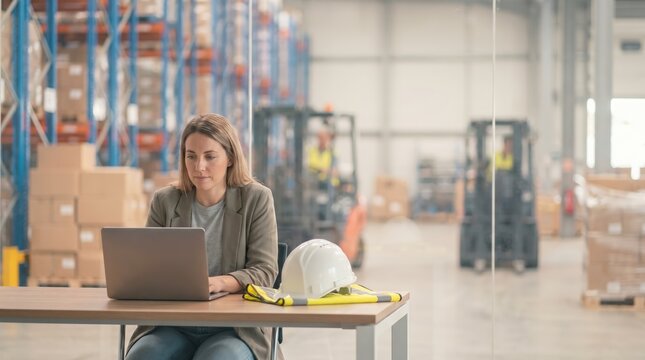 Female warehouse manager working on laptop at desk in large distribution center with forklifts and racking for supply chain logistics management.