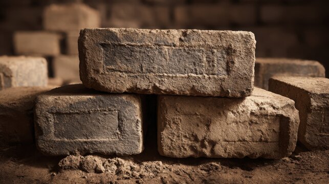 Rough textured industrial ceramic insulation bricks with aged surface detail stacked closely together for construction material backdrop