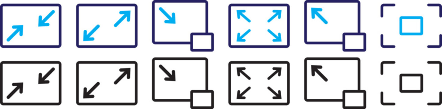 Screen line icon set. Resize, zoom, fullscreen, capture, select area, scalable minimal vector illustrations.Maximize and minimize arrow line icon set with fullscreen resize and screen controls