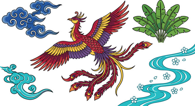 Japanese Phoenix Collection with Traditional Mythical Bird Clouds Tropical Leaves and Flowing Water Vector Illustration Set