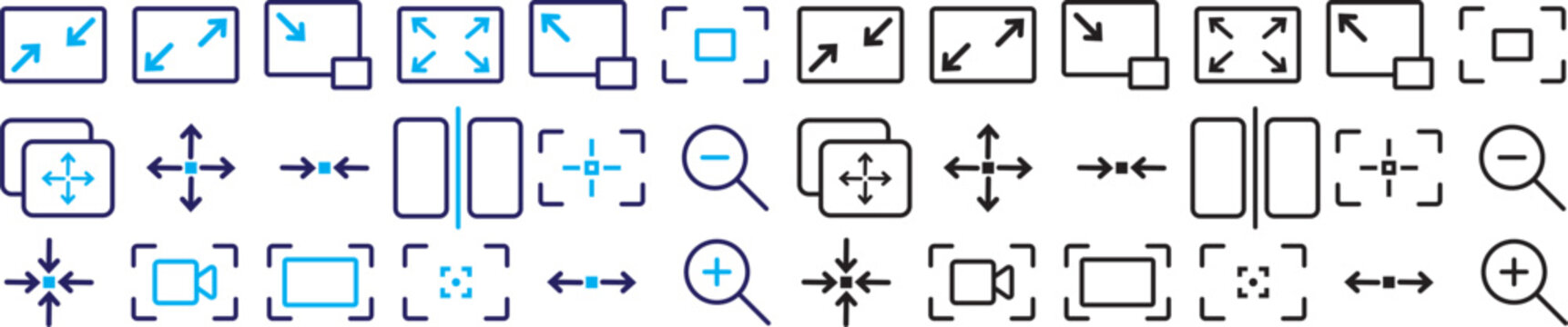 Screen line icon set. Resize, zoom, fullscreen, capture, select area, scalable minimal vector illustrations.Maximize and minimize arrow line icon set with fullscreen resize and screen controls