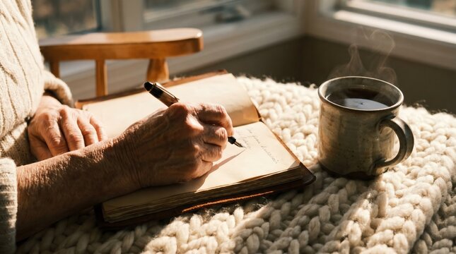 Senior person writing in journal with fountain pen and steaming coffee on knit blanket for storytelling and retirement wellness activities