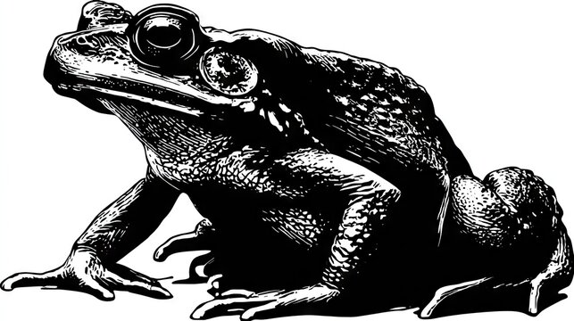 Detailed black and white illustration depicts an amphibian creature in profile view