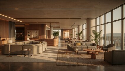 Fototapeta premium Modern luxury hotel lobby interior with floor to ceiling windows and warm sunset lighting.