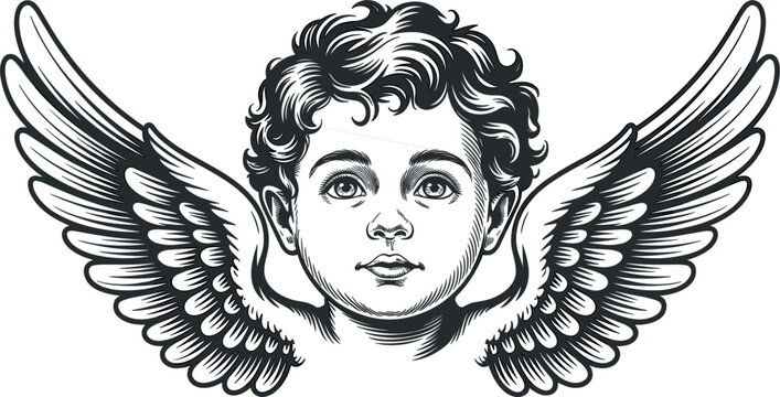 Vintage angel face engraving with wings antique cherub illustration and classic religious decorative artwork