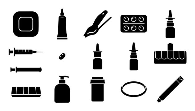 Hormone Replacement Therapy HRT Silhouette Icon Set &ndash; Hormonal Health Medication, Delivery Systems and Treatment Tools