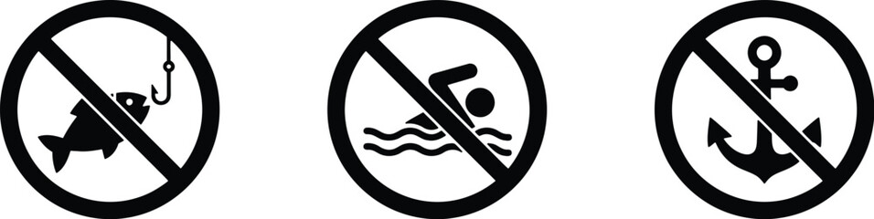 Prohibited beach activities icons set featuring no fishing swimming and anchoring for warning and signage use © analyzer