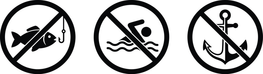 No fishing swimming anchoring signs icons set for maritime warning and safety © analyzer