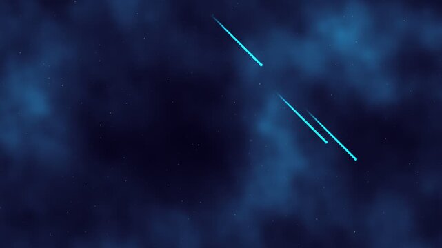 4K Minimalist night sky looping animation, soft dark blue clouds and glowing cyan shooting stars background