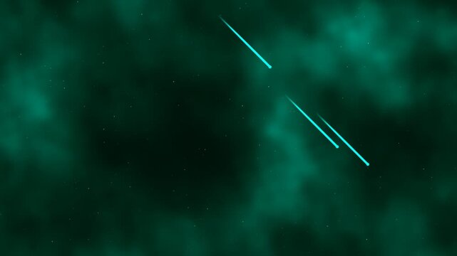4K Cyber neon sky looping animation, soft green clouds and glowing cyan shooting stars background