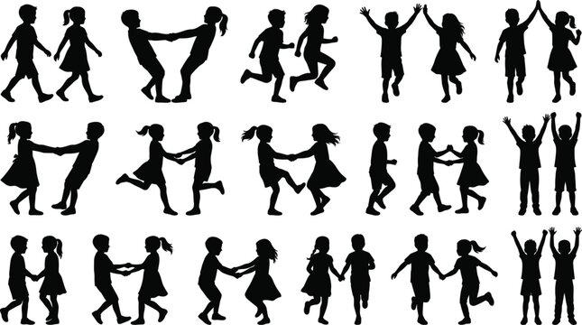 Silhouette Collection of Children Playing Together Representing Friendship, Joy, and Childhood Movement