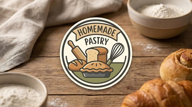 Homemade pastry bakery logo design on rustic wooden kitchen background