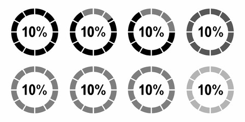 Fototapeta premium Ten Percent Circular Charts With Segmented Progress Indicators Vector Illustration