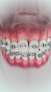 3D animation showing the installation of braces and the correction of tееth alignment.