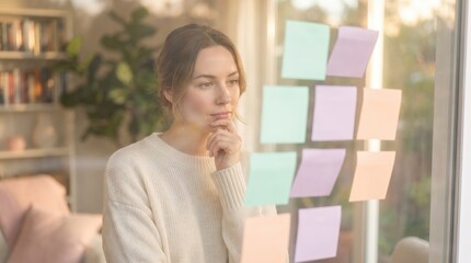 Fototapeta premium Female Entrepreneur Thinking with Sticky Notes on Window in Bright Home Office for Business Planning and Workflow Management
