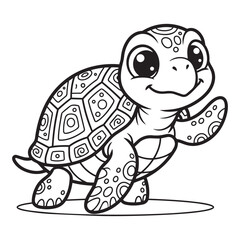 Fototapeta premium Cute little baby turtle character waving hello in a simple cartoon line art style for kids vector design.