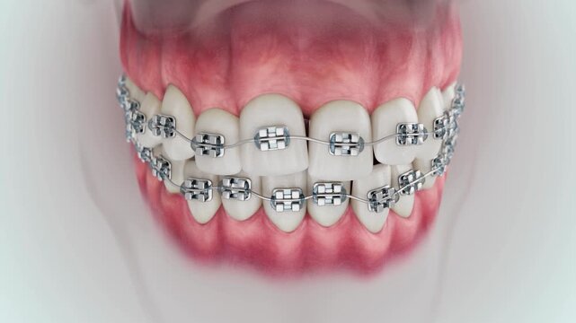 3D animation showing the installation of braces and the correction of tееth alignment.