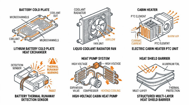 Electric Vehicle Thermal Management System Components Diagram with Battery Cooling and Heating Parts.