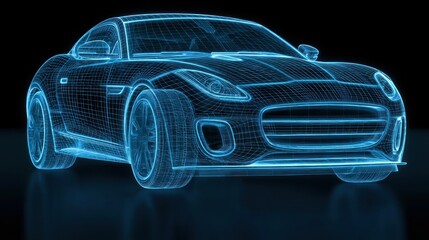 Naklejka premium Blue wireframe sports car on black background