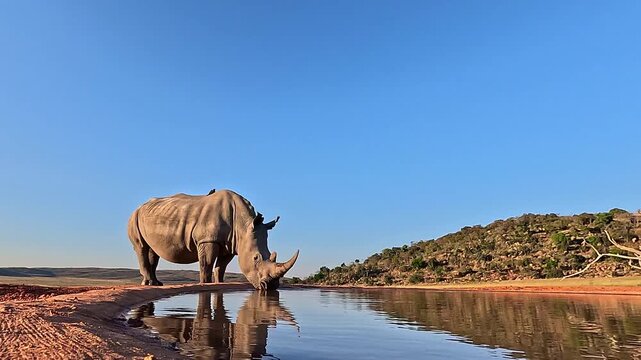 Majestic white rhino drinks at waterhole on game reserve, low angle side POV