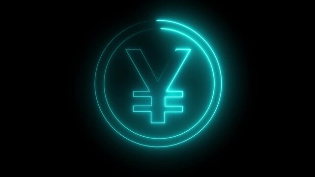 Animated neon Japanese yen symbol blinking on black background ant 4k video 