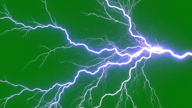 Bright electrical lightning bolts flash across a vibrant green background
