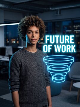 Young mixed-race nonbinary professional stands in dark office beside glowing future of work funnel symbol