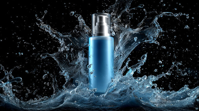 cosmetic packaging with dynamic water splash around bottle, fresh hydration concept, clean background