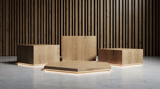 Wooden podiums with illuminated bases against a slatted wood wall, perfect for product display.