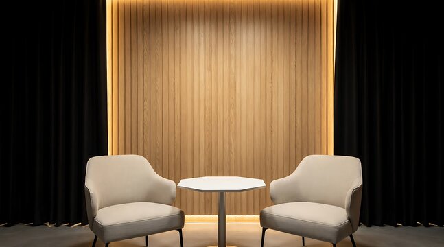 Empty Interview Set with Two Chairs and Table.