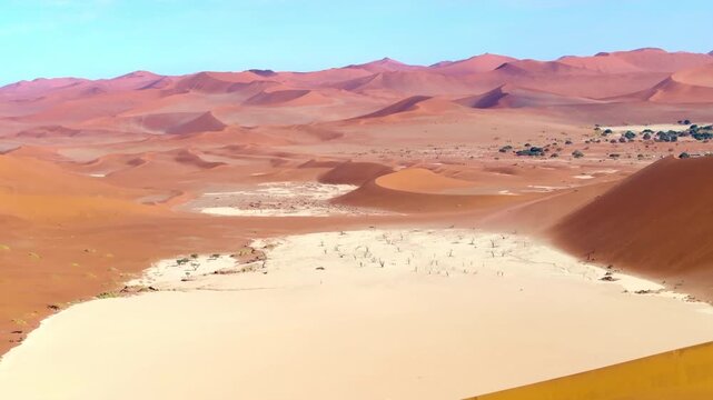 Drone view of the white clay pan of Deadvlei dotted with ancient dead camel thorn trees among red dunes. Towering red dunes glow above pale clay pans.