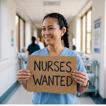 Smiling middle-aged Southeast Asian nurse holding a nurses wanted cardboard sign in a hospital corridor