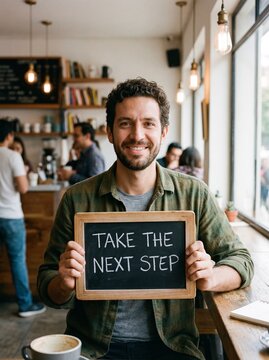 Smiling Latino man in his 30s holds a chalkboard sign saying Take The Next Step in a coffee shop