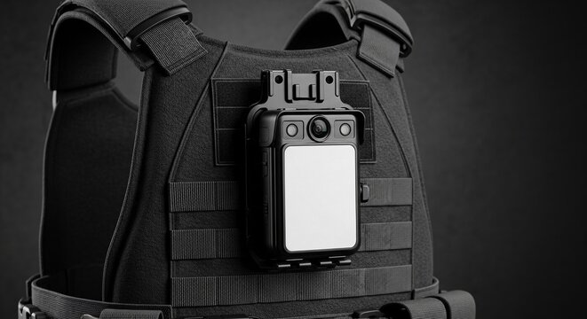 Law enforcement body camera attached to tactical vest for security and evidence recording