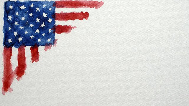 Watercolor USA Flag Corner Decoration on White Paper - A hand is painting a watercolor rendition of the United States flag in the corner of a white textured paper.