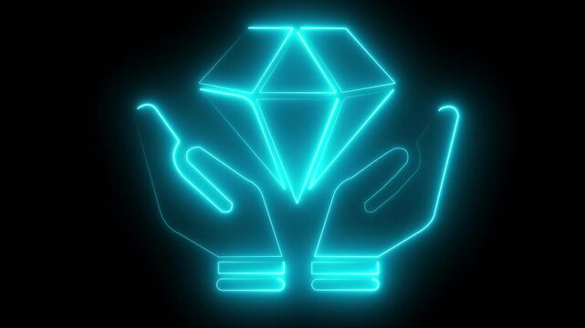 Glowing green and blue neon hands holding diamond icon, symbolizing value trust sustainability luxury, and innovation on a black background. ant 4k video 