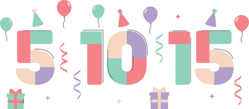 PrintCute Pastel Birthday Anniversary Number Set with Five Ten Fifteen Balloon Confetti and Gift Box Elements for Kids Party Celebration Invitation Designs