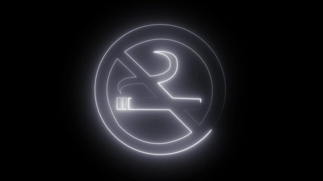 white neon no smoking sign looping animation with glowing effects on a dark black background, symbolizing health warning, public restriction, and a clear prohibition symbol. 4k video 