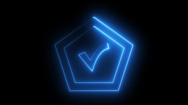 secure system verification icon animation, neon shield security icon on dark background, glowing shield with check mark
