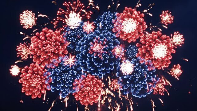 Abstract Fireworks Celebration Wallpaper - A dark sky filled with vibrant, abstract bursts of red and blue fireworks, resembling blooming flowers and stars.