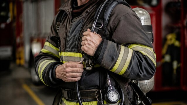 Firefighter putting on protective gear and breathing apparatus