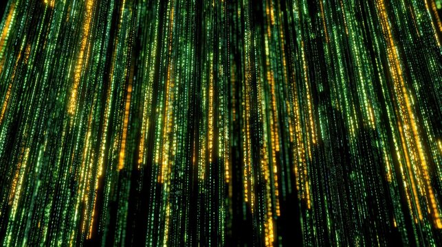 Digital rain of green and gold binary code