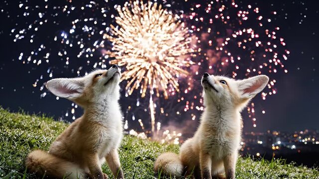 Two Adorable Fennec Foxes Watching Fireworks Display - Two cute fennec foxes sit on a grassy hill, looking up in wonder at a vibrant fireworks display.